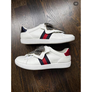 Gucci White Leather Sneakers with Crystal Bow Accent EU 38.5